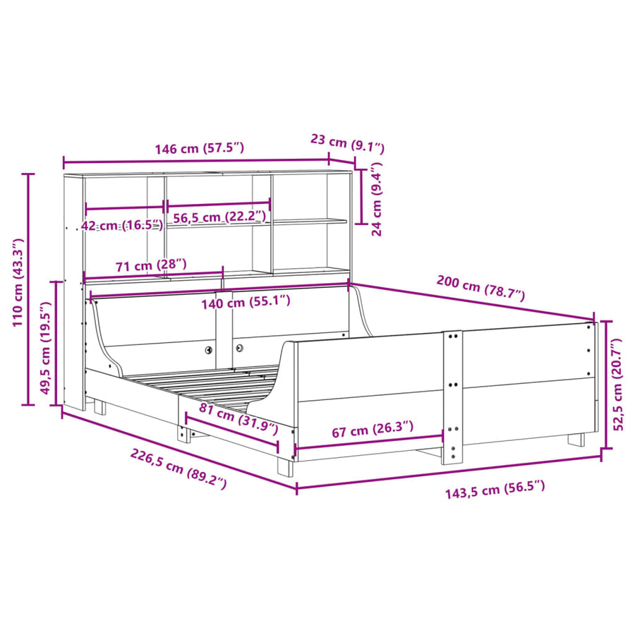Bed met boekenkast zonder matras hout wasbruin 140x200 cm