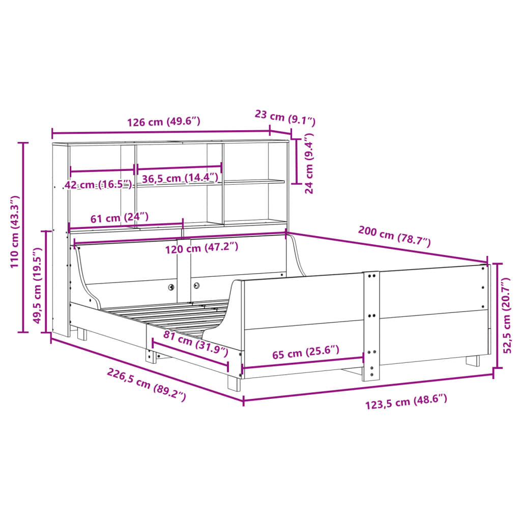Bed met boekenkast zonder matras hout wasbruin 120x200 cm