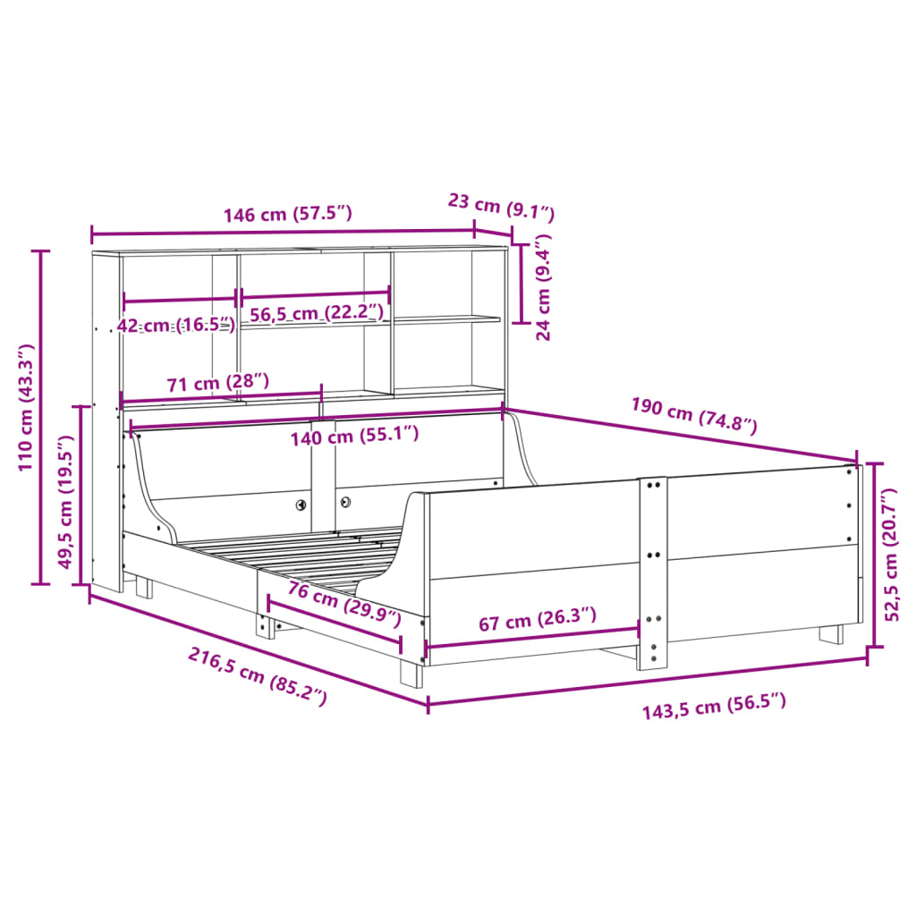 Bed met boekenkast zonder matras massief hout wit 140x190 cm