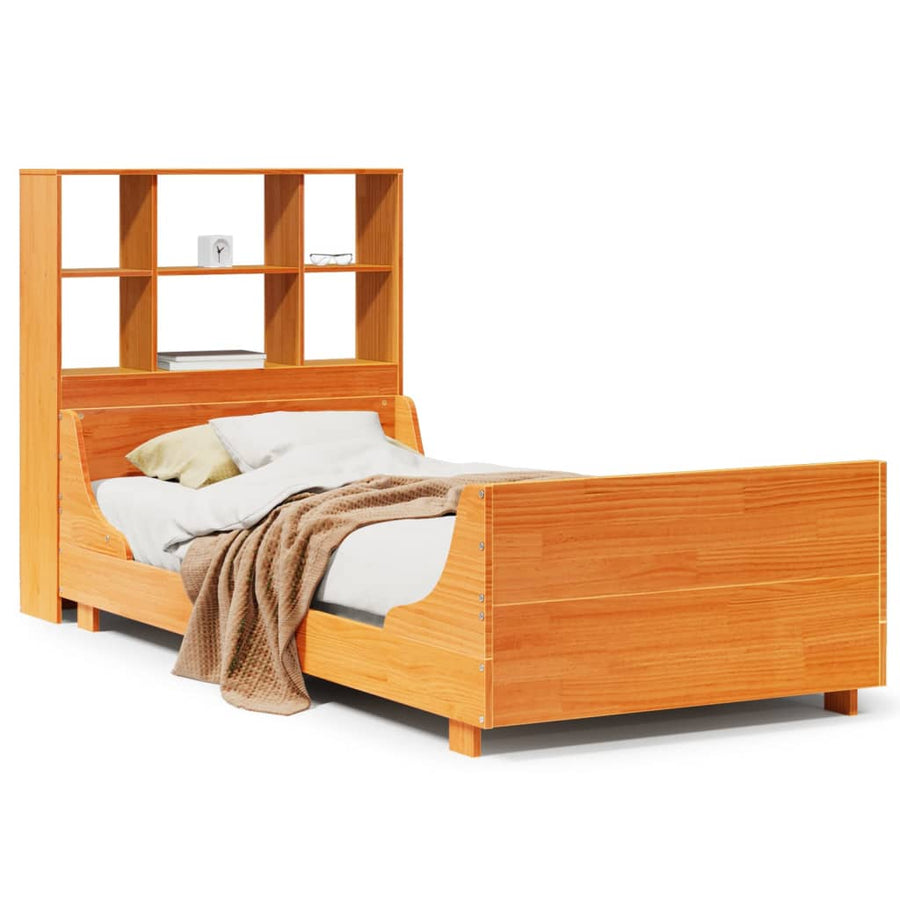 Bed met boekenkast zonder matras massief hout wasbruin 75x190cm