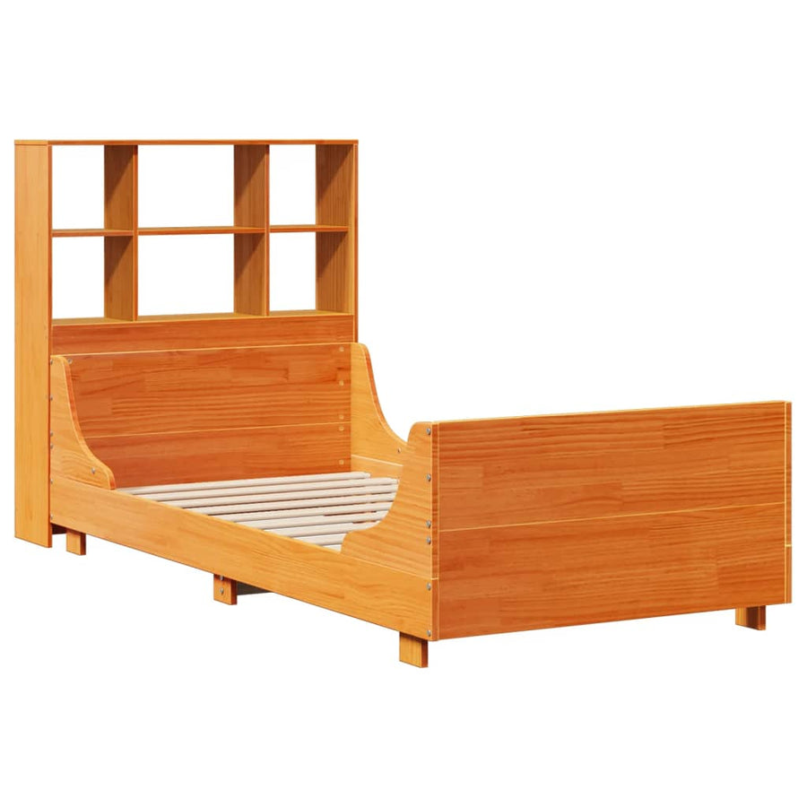 Bed met boekenkast zonder matras massief hout wasbruin 75x190cm