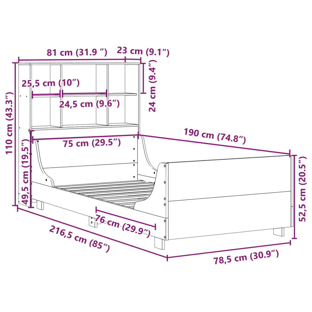 Bed met boekenkast zonder matras massief hout wasbruin 75x190cm