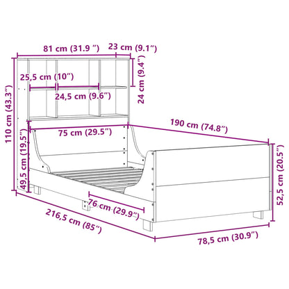 Bed met boekenkast zonder matras massief hout wasbruin 75x190cm