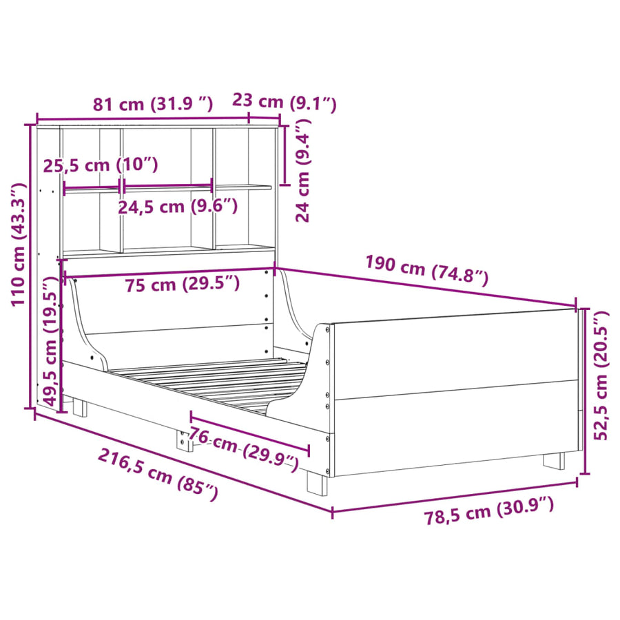 Bed met boekenkast zonder matras massief hout wasbruin 75x190cm