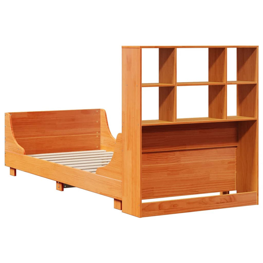 Bed met boekenkast zonder matras massief hout wasbruin 75x190cm