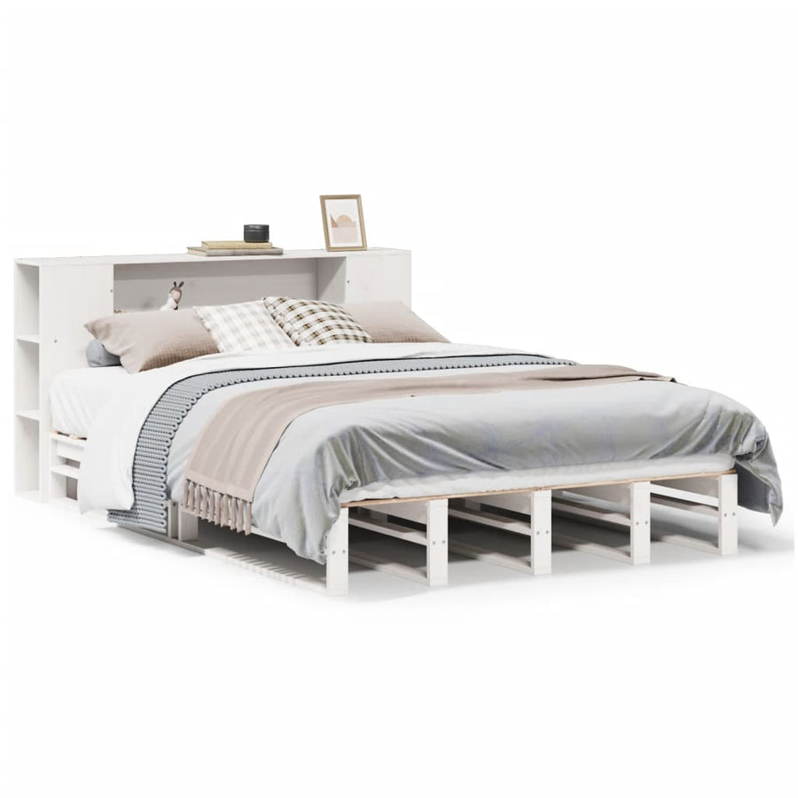 Bed met boekenkast zonder matras massief hout wit 150x200 cm