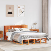 Bed 160x200 cm massief grenenhout wasbruin met boekenkast