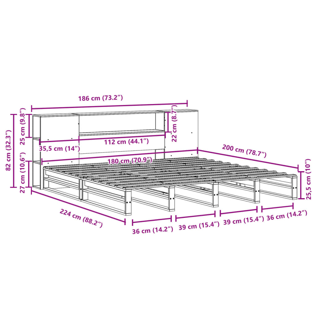 Bed met boekenkast zonder matras hout wasbruin 180x200 cm