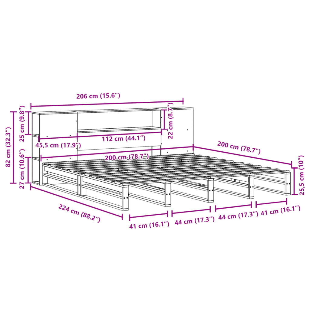Bed met boekenkast zonder matras hout wasbruin 200x200 cm
