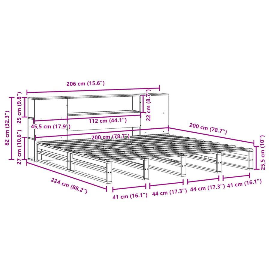 Bed met boekenkast zonder matras hout wasbruin 200x200 cm