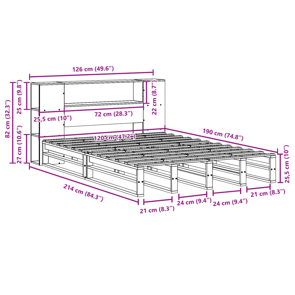 Bed met boekenkast zonder matras massief hout wit 120x190 cm