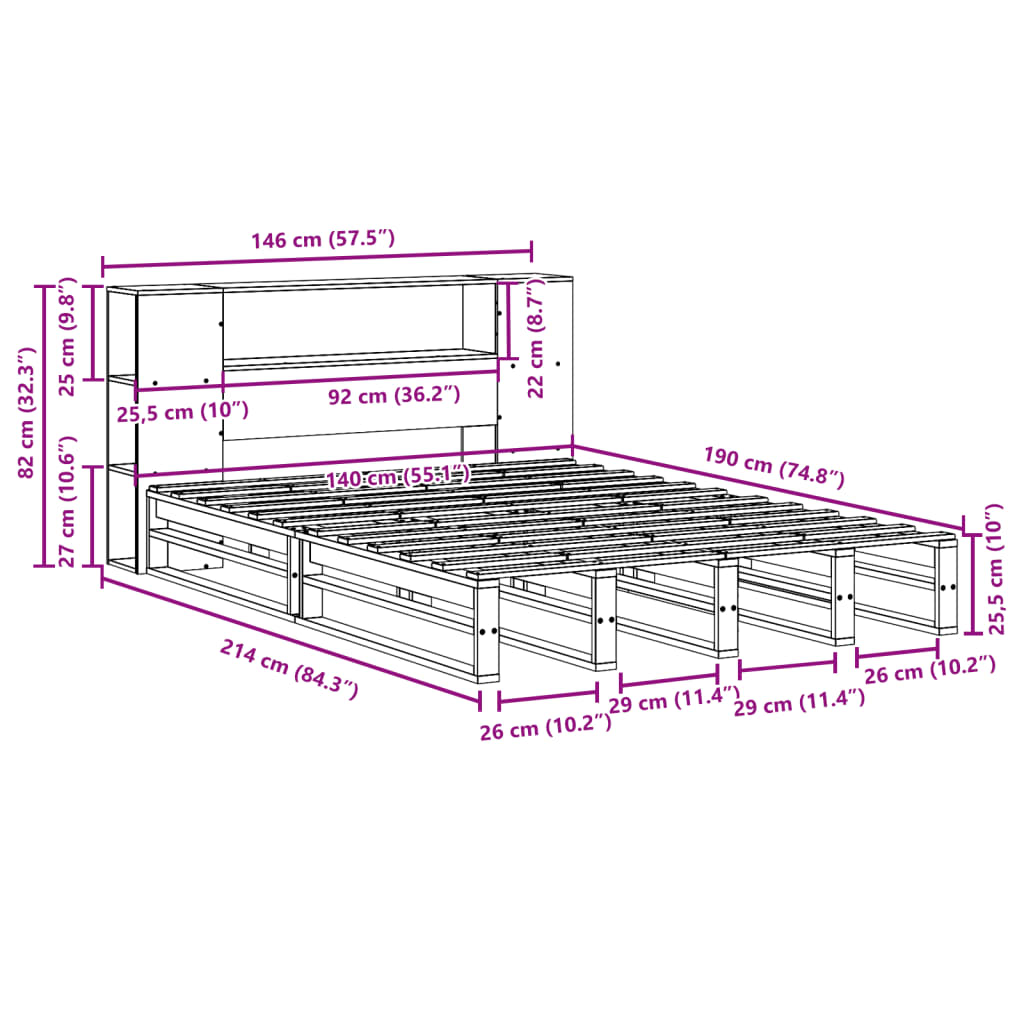 Bed met boekenkast zonder matras massief hout 140x190 cm