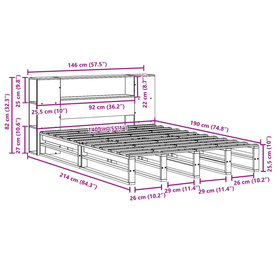 Bed met boekenkast zonder matras hout wasbruin 140x190 cm