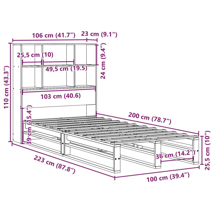 Bed met boekenkast zonder matras hout wasbruin 100x200 cm