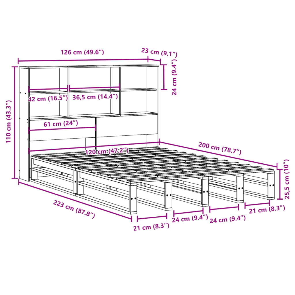Bed met boekenkast zonder matras hout wasbruin 120x200 cm