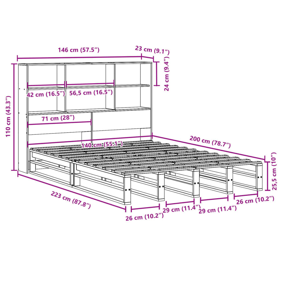 Bed met boekenkast zonder matras hout wasbruin 140x200 cm