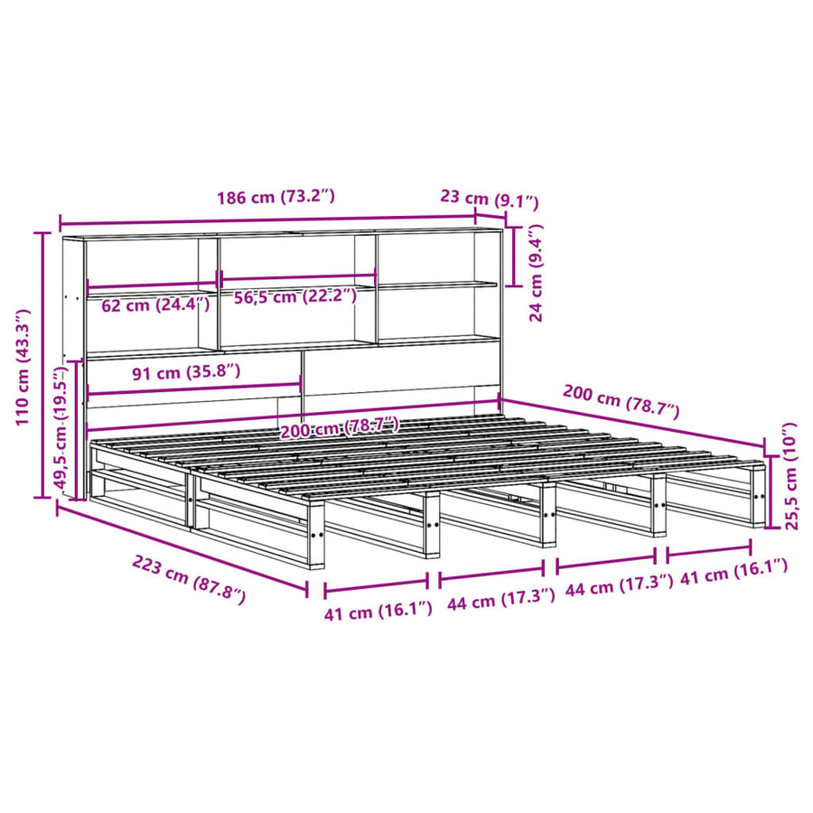 Bed met boekenkast zonder matras massief hout wit 180x200 cm