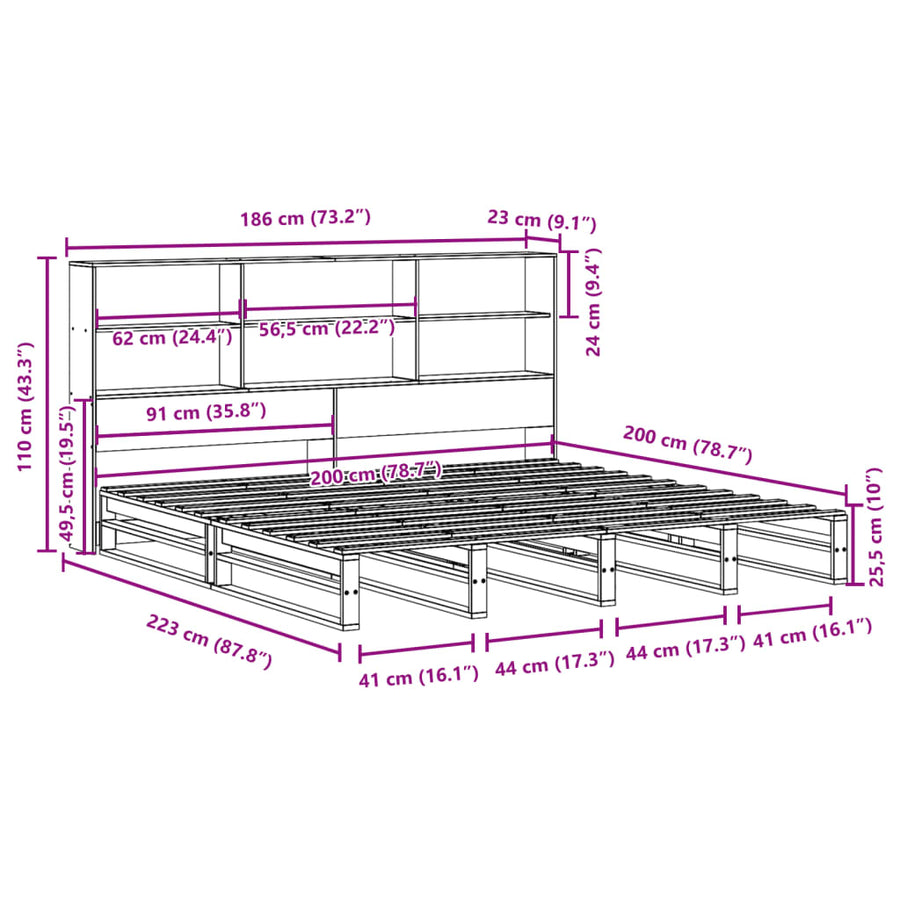 Bed met boekenkast zonder matras hout wasbruin 180x200 cm
