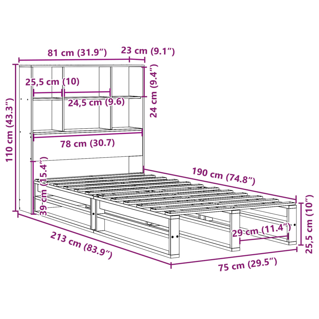 Bed met boekenkast zonder matras massief hout wasbruin 75x190cm