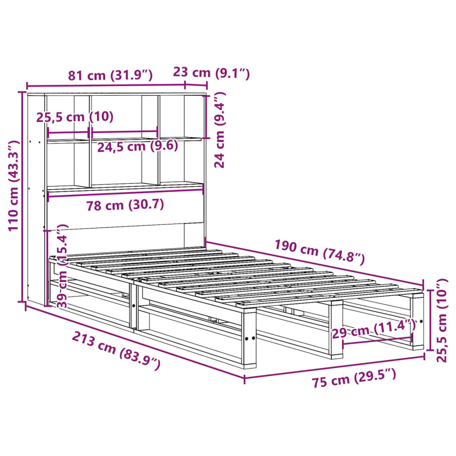 Bed met boekenkast zonder matras massief hout wasbruin 75x190cm
