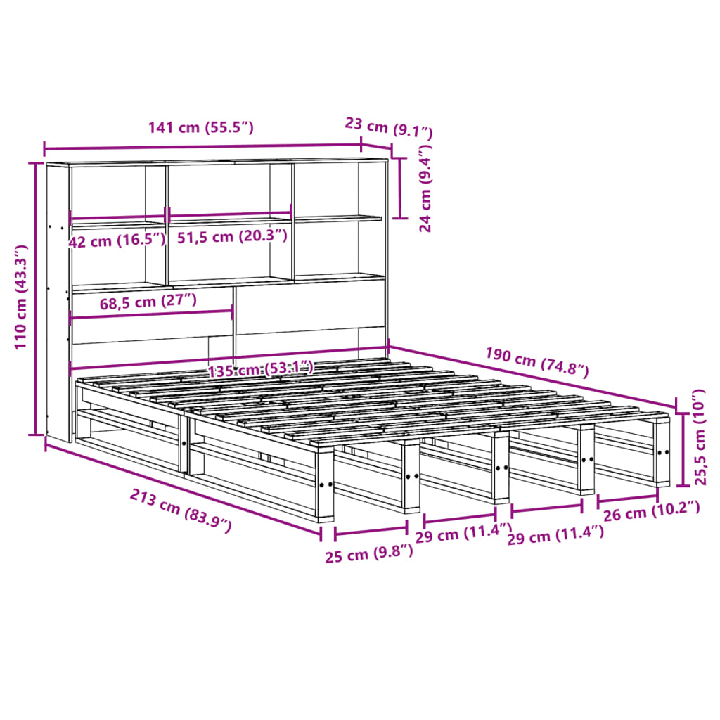 Bed met boekenkast zonder matras hout wasbruin 135x190 cm