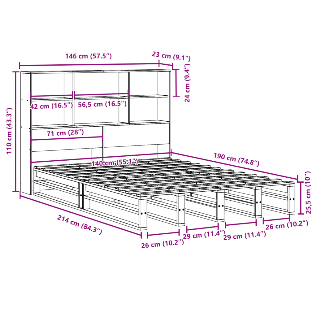Bed met boekenkast zonder matras hout wasbruin 140x190 cm