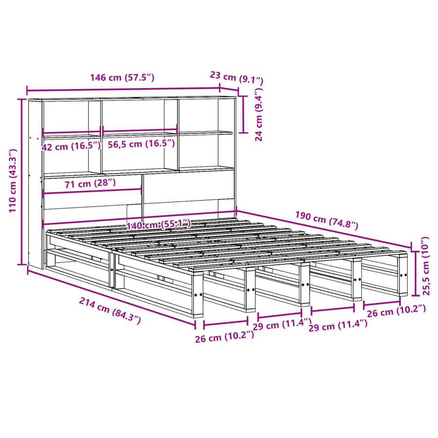 Bed met boekenkast zonder matras hout wasbruin 140x190 cm