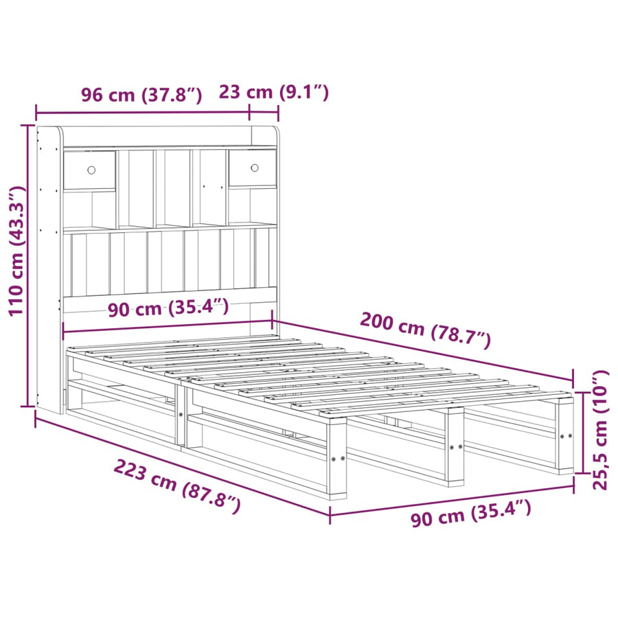 Bed met boekenkast zonder matras grenenhout wit 90x200 cm