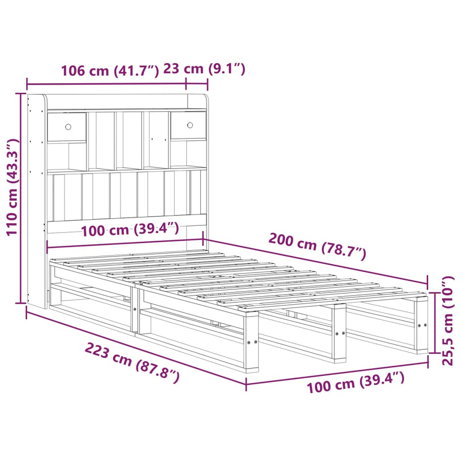 Bed met boekenkast zonder matras grenenhout wasbruin 100x200 cm