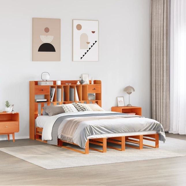 Bed met boekenkast zonder matras grenenhout wasbruin 140x200 cm