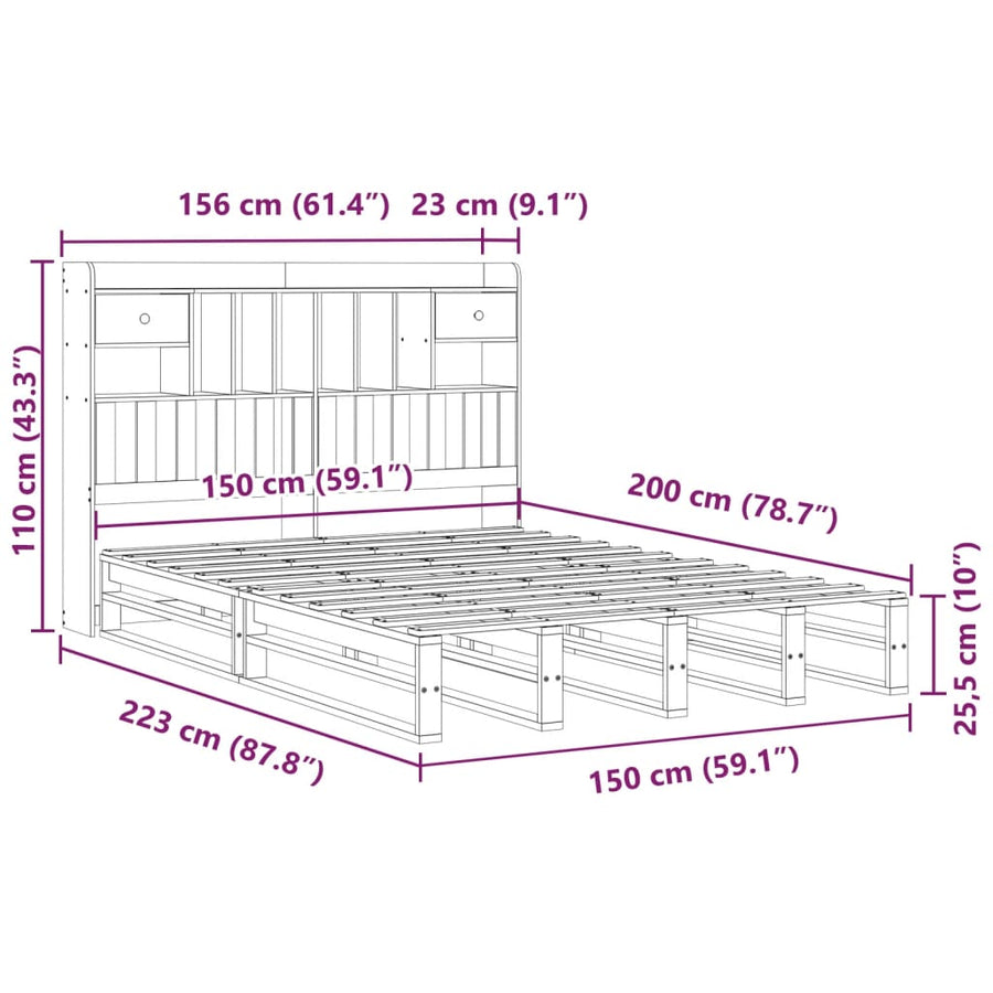 Bed met boekenkast zonder matras grenenhout wit 150x200 cm