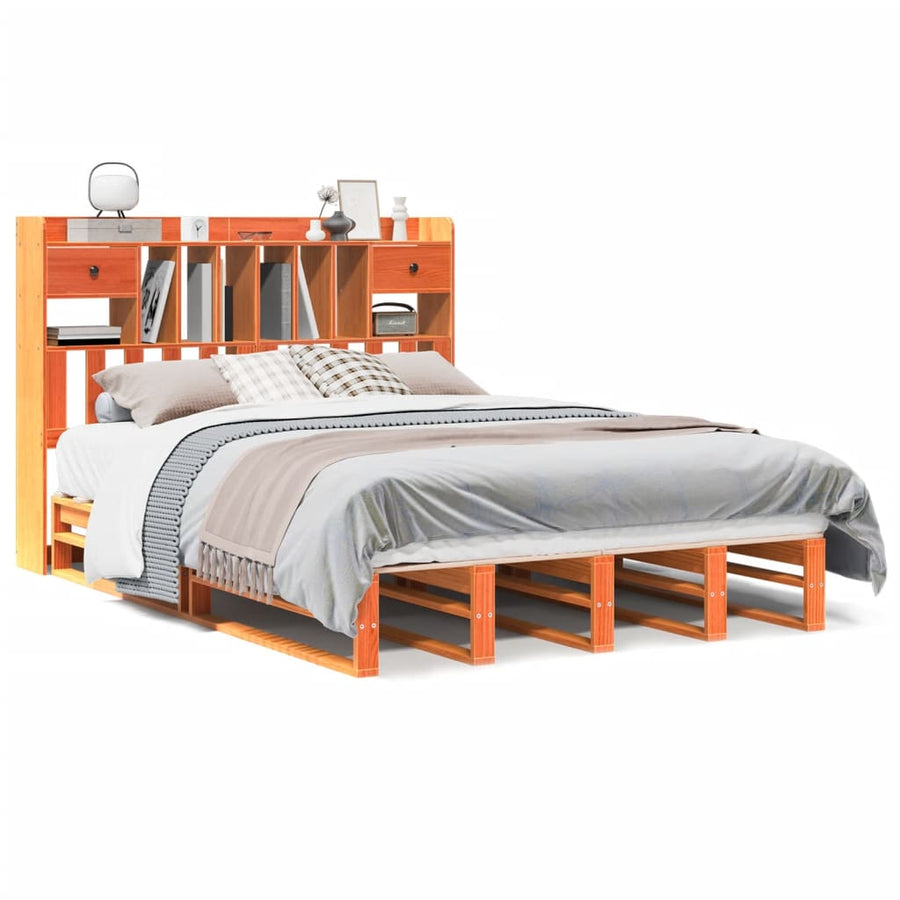 Bed met boekenkast zonder matras grenenhout wasbruin 150x200 cm
