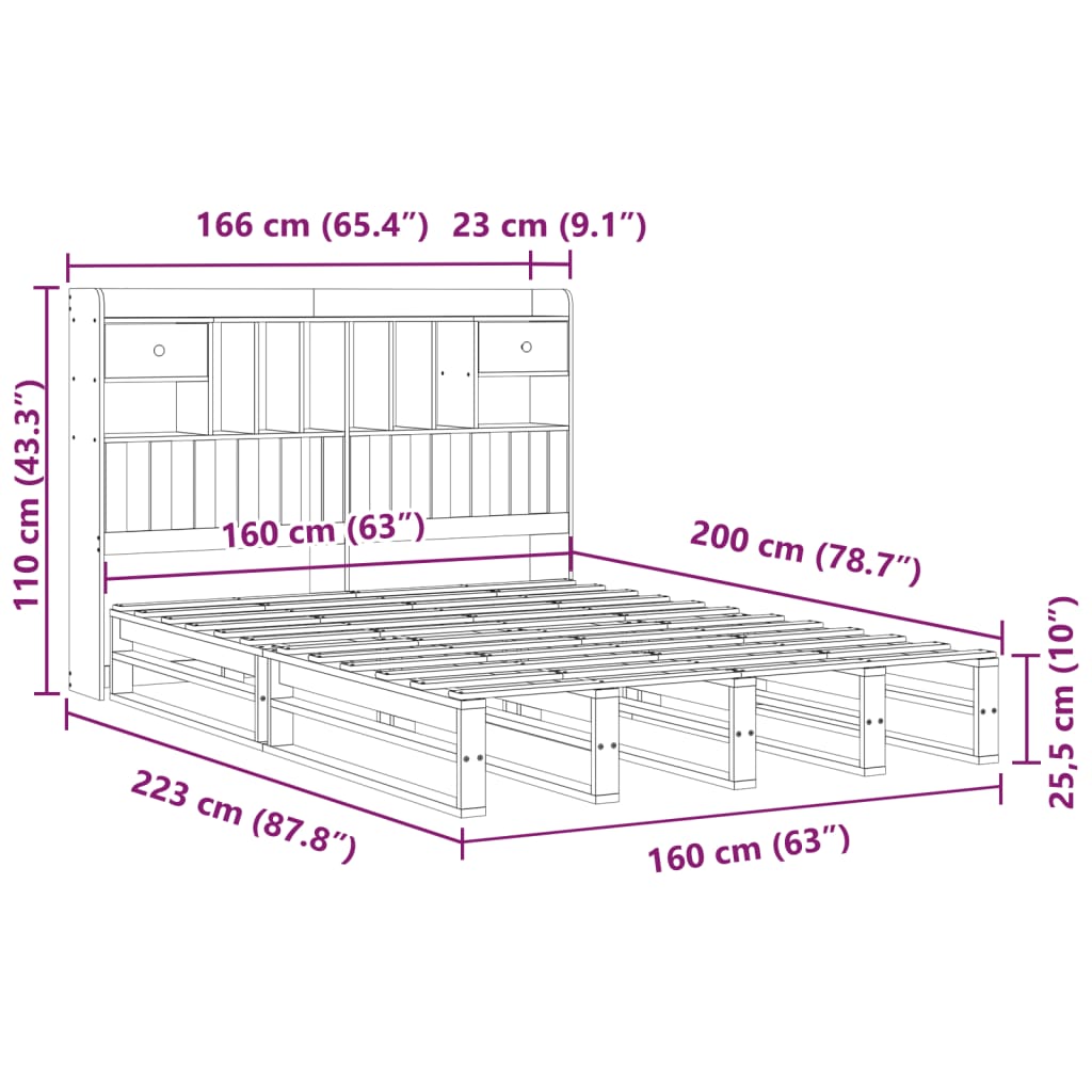 Bed met boekenkast zonder matras grenenhout wasbruin 160x200 cm