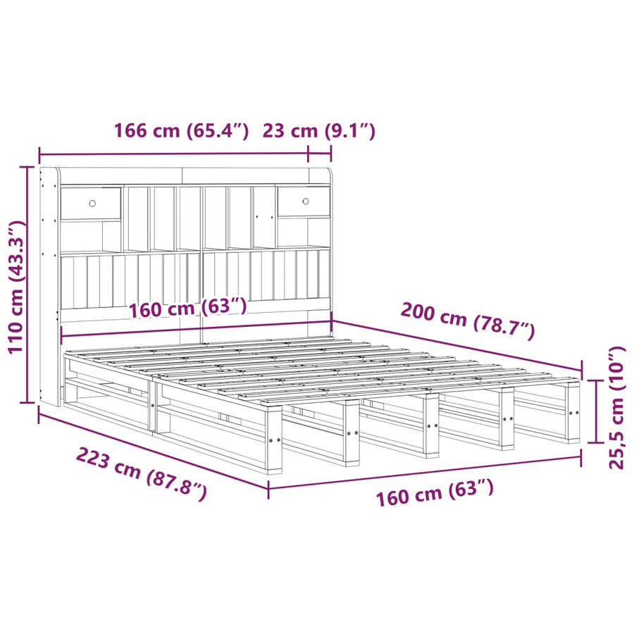 Bed met boekenkast zonder matras grenenhout wasbruin 160x200 cm