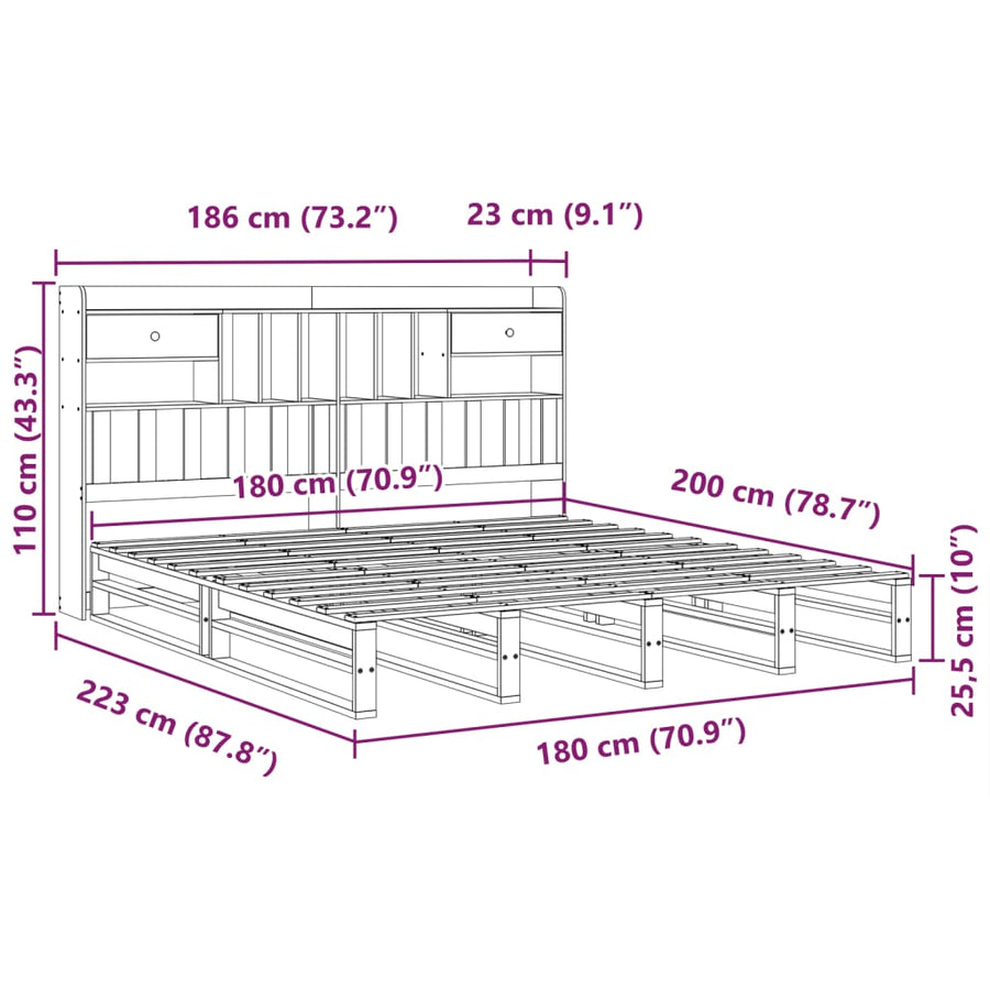 Bed met boekenkast zonder matras grenenhout wit 180x200 cm