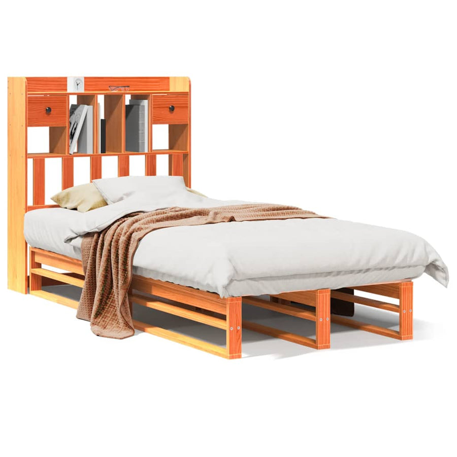 Bed met boekenkast zonder matras grenenhout wasbruin 75x190 cm