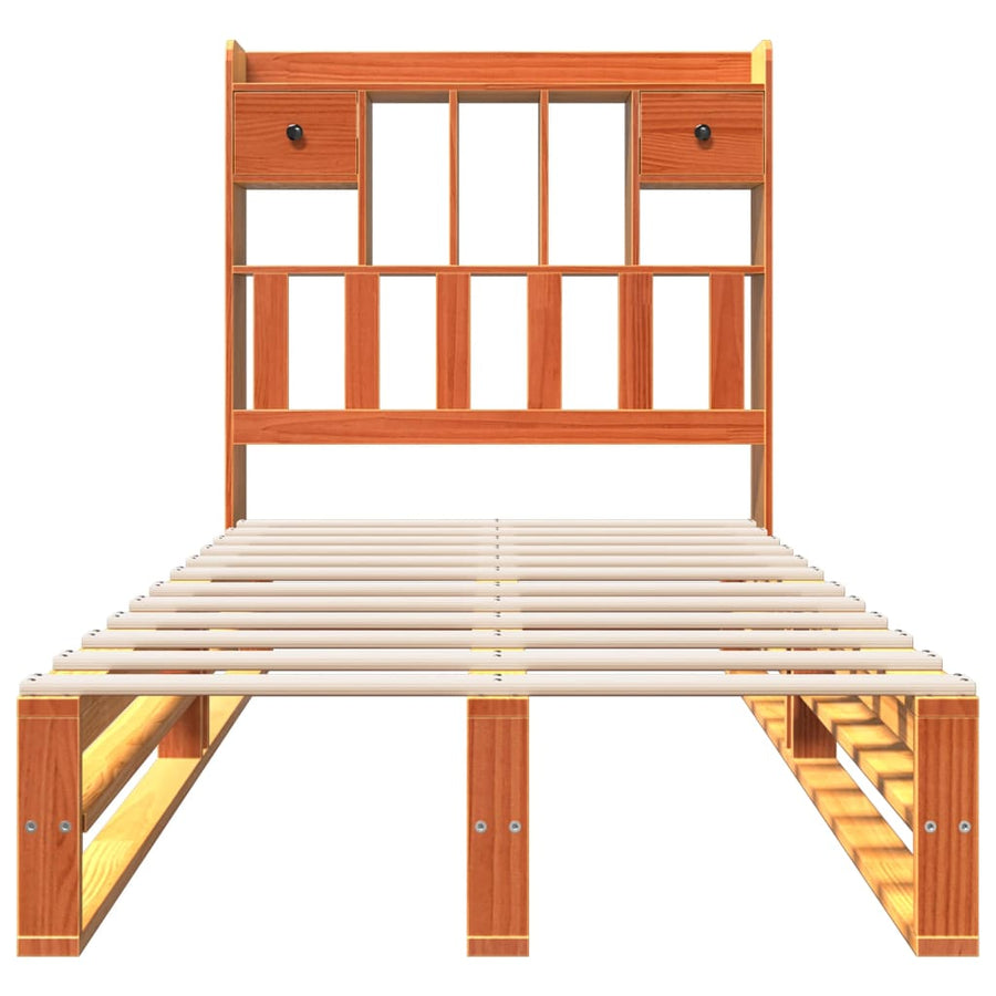 Bed met boekenkast zonder matras grenenhout wasbruin 75x190 cm