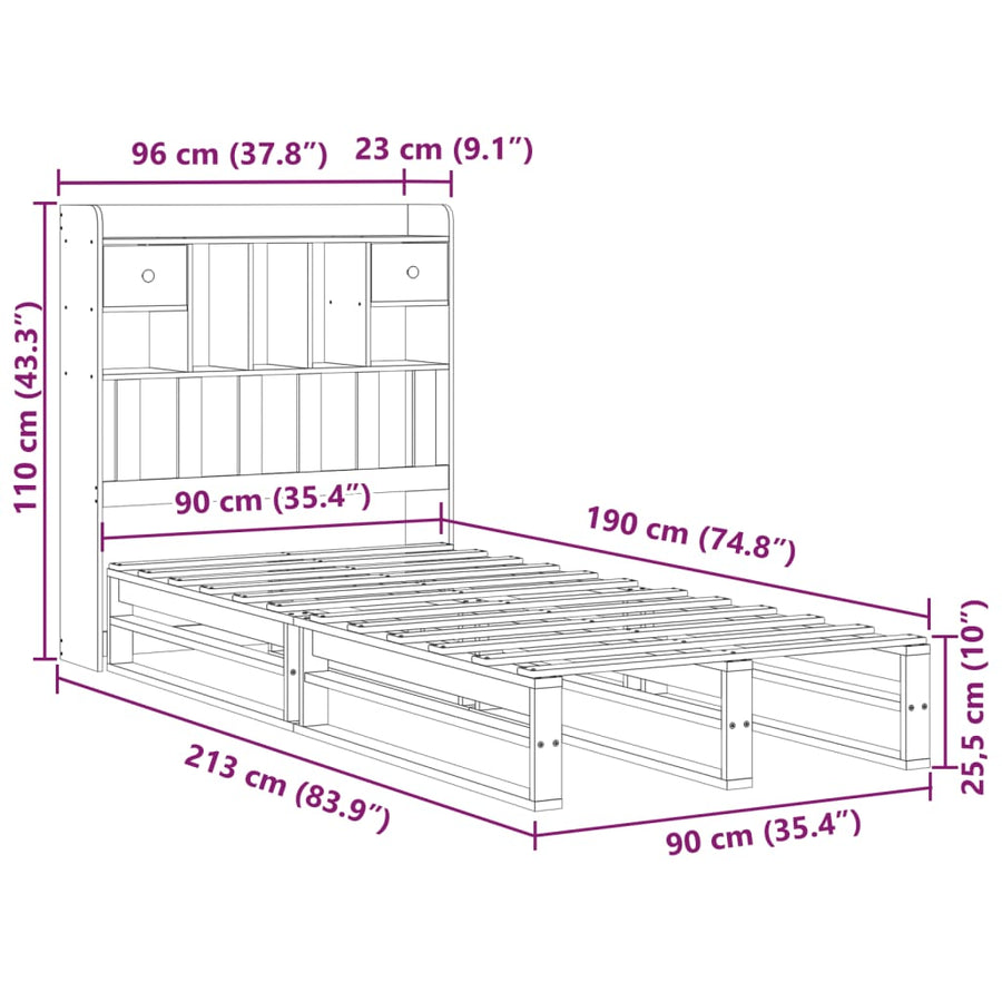Bed met boekenkast zonder matras massief grenenhout 90x190 cm