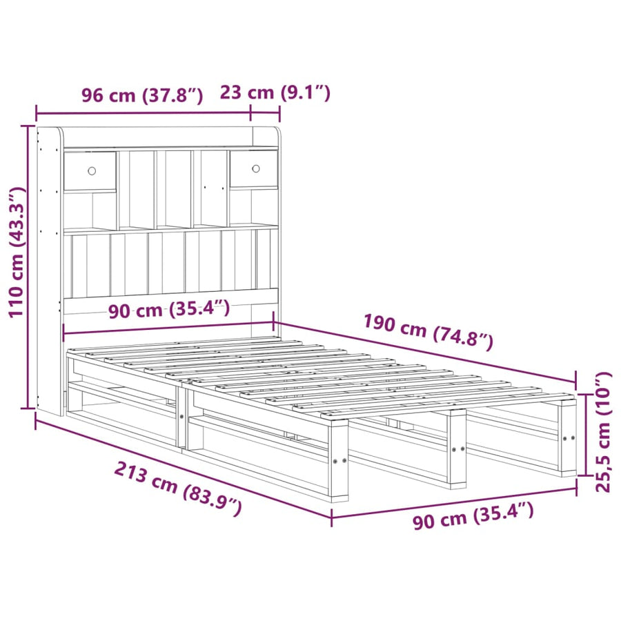 Bed met boekenkast zonder matras grenenhout wit 90x190 cm