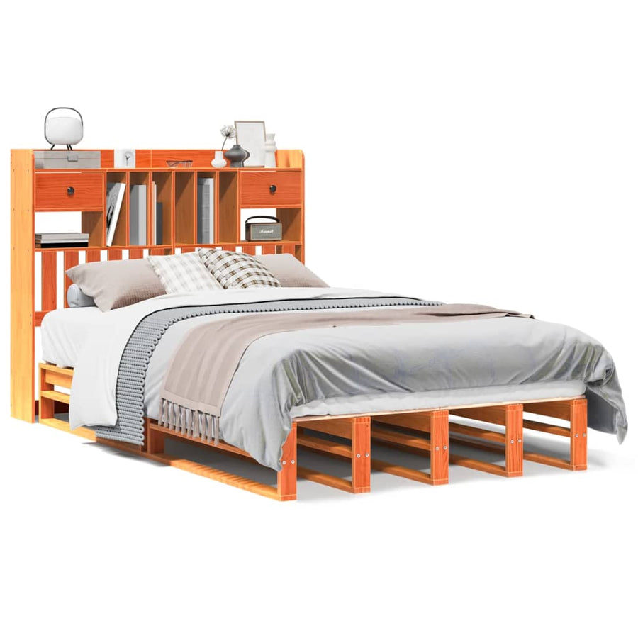Bed met boekenkast zonder matras grenenhout wasbruin 135x190 cm