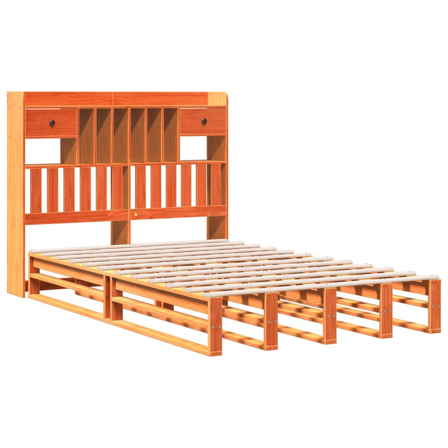 Bed met boekenkast zonder matras grenenhout wasbruin 135x190 cm