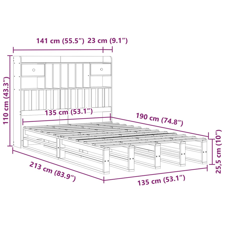 Bed met boekenkast zonder matras grenenhout wasbruin 135x190 cm