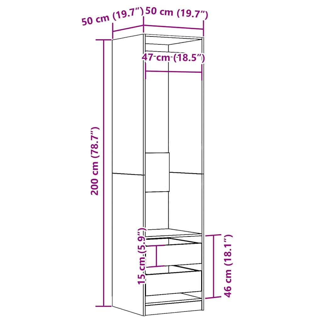 Kledingkast 50x50x200 cm bewerkt hout artisanaal eikenkleurig