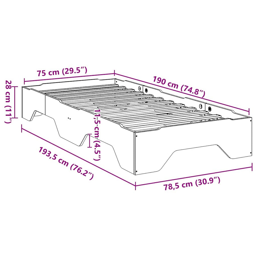 Bedframe zonder matras stapelbaar 75x190 cm massief hout