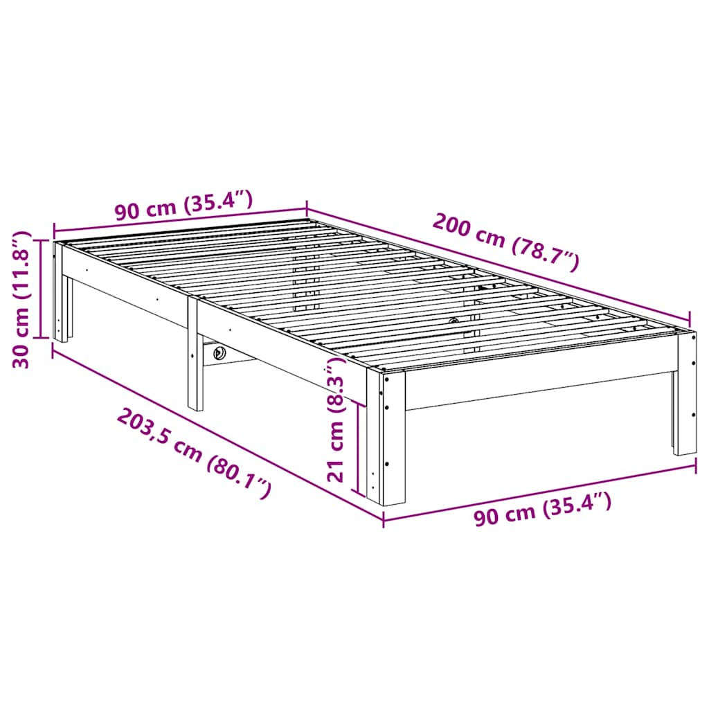 Bedframe zonder matras massief grenenhout 90x200 cm