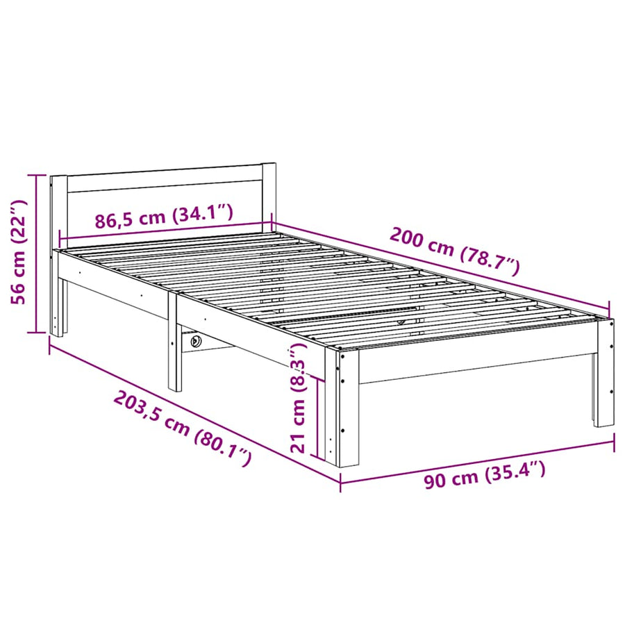 Bedframe zonder matras massief grenenhout 90x200 cm
