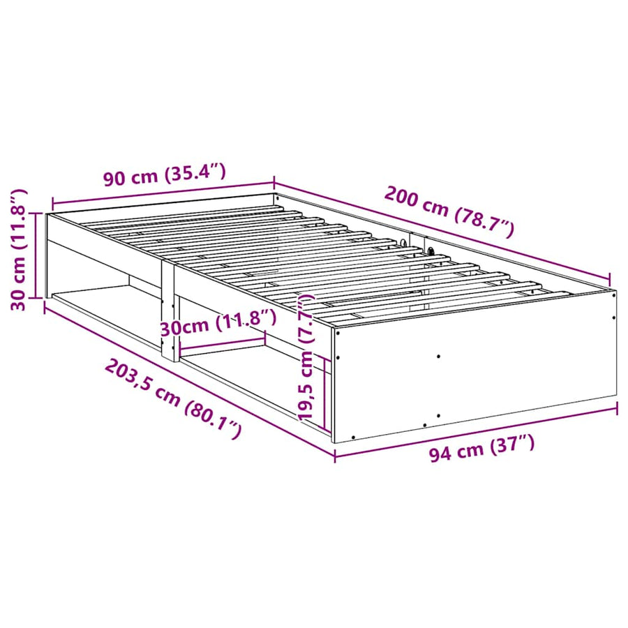 Slaapbank zonder matras 90x200 cm massief grenenhout wit