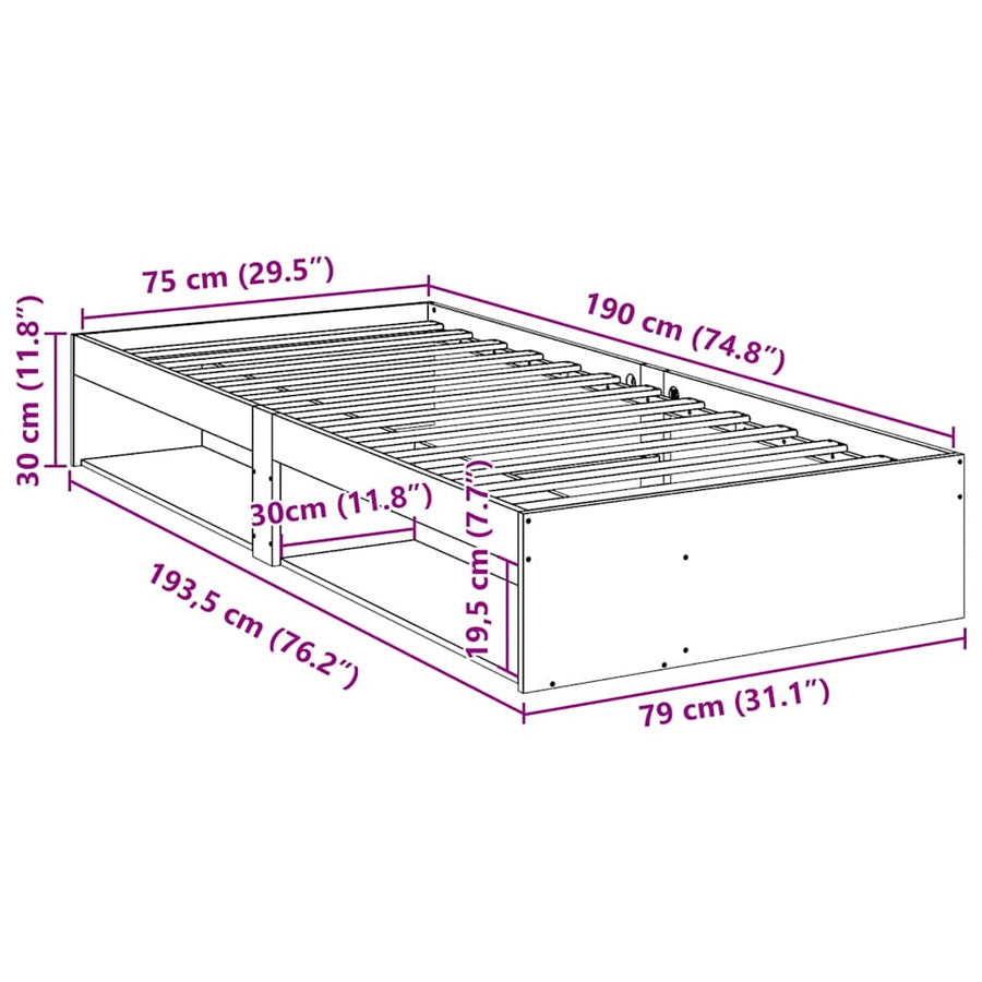 Bedbank zonder matras wasbruin 75x190 cm massief grenenhout