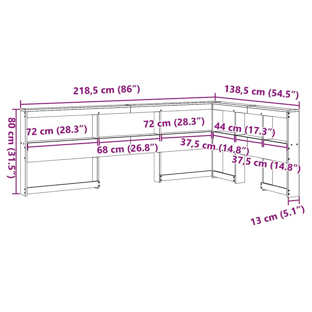 Boekenkast Hoofdeinde L-Vormig 120 Cm Grenenhout 138.5 x 218.5 x 80 cm Wasbruin