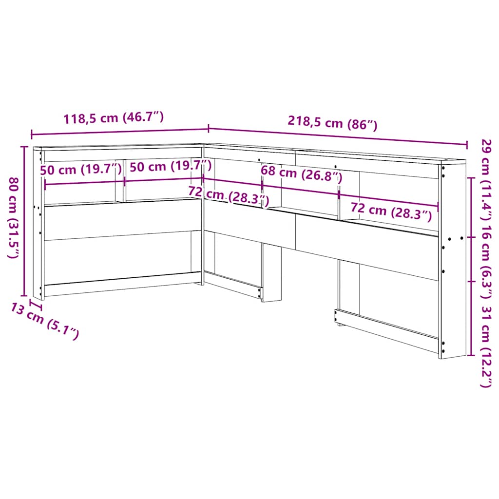 Boekenkast Hoofdeinde L-Vormig 100 Cm Massief Grenenhout 118.5 x 218.5 x 80 cm Wit